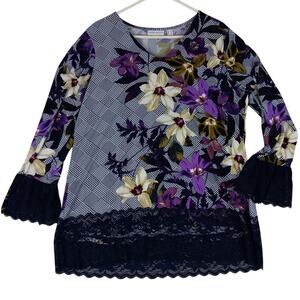 Susan Graver Liquid Knit Blouse Womens L Purple/Black Floral Boho Chiffon Ruffle